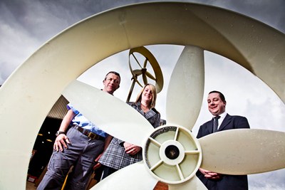 Rhian Williams and Anthony Lewis from Coxeys with Steve Barnett at Barnett Engineering in Rhos.