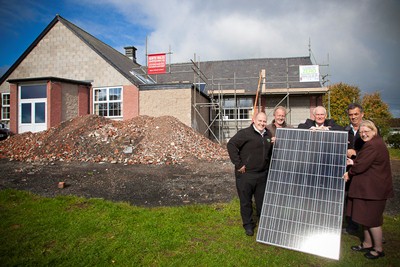 CARBON ZERO UK...TREFNANT VILLAGE HALL. Pictured from Left  is Gareth Jones MD of Carbon Zero UK, Tudor Evans Chairman of the Village Hall, Chris Ruane MP, Val Roberts project Manager of the village Hall and Ann Jones AM.