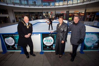 Opening of ice rink at Eagles Meadow Wrexham. Pictured is the Lord Mayor of Wrexham Ian Roberts the Mayoress Hillary Roberts, Centre Manager Kevin Critchley and ice skaters Tom Gregory and Cara McGovern.