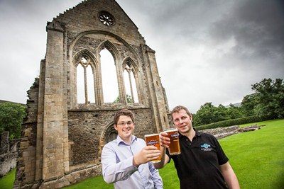 The launch of Holy Grail Ale at Valle Crucis Abbey in time for the Llangollen Food Festival with Robert Price from Cadwyn Clwyd and Ynyr Jeffreys-Evans of Llangollen Brewery