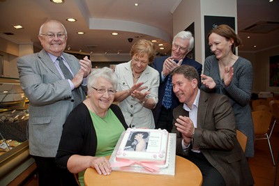 Gloria Davies retires from Gerrards Bakery after 41 years.. Pictured (front L/R) is Gloria Davies with Dirk van Rensburg,Albi Davies, Claire and Philip Gerrard-Jones and Dawn van Rensburg.