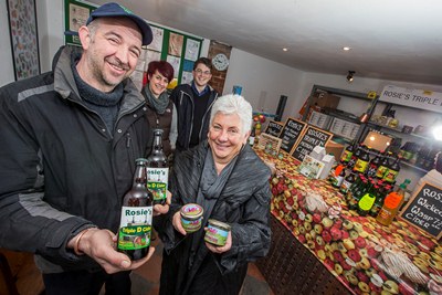 Margaret Carter, of Patchwork Pate, with Steve Hughes, of Rosies Triple D Cider, show off their new pate range with Caroline Dawson, Northern Marches Cymru, and Robert Price, of Cadwyn Clwyd.