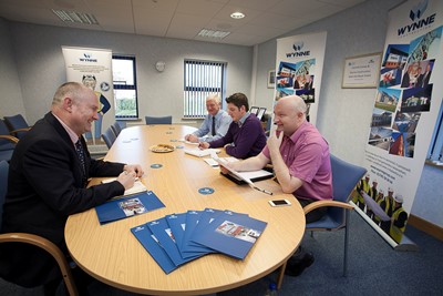 CARTREFI CONWY MEET THE BUYER EVENT AT WYNNE CONSTRUCTION BODELWYDDYN. pictured is  Paul Thomas from Orchard windows with Tim Davies, Sion Williams and Glyn Hughes from Wynne Construction.