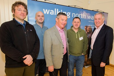 Outdoor North Wales Forum at the Glasdir Conference Centre, Llanrwst. Dewis Davies of TPNW meets speakers and organiserts of the conference, from left, Chris Wright of Snowdonia Active, Rory Fegan of Pearl Fisher, Peter Hewlett, Walk North Wales and Ed Parsons of Google