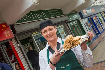 Paula Smith from Let's Lunch at teh Grange shopping centre, Birkenhead with her award winning sandwich.