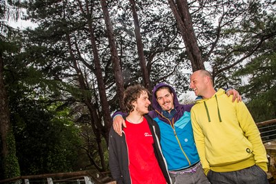 Tourism Partnership North Wales launch of Heart of Adventure campaign at Llanberis. Ben Slack from DMM in Llanberis with climbers, Alex Luger (centre) and Chris Igel, left.