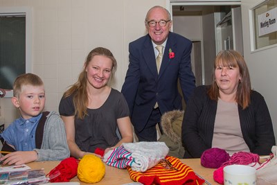 The Police and Crime Commissioner for North Wales has met residents of Cartrefi Conwy properties in Llanrwst and Llandudno. The Commissioner meets members of the knitting group at Ty Hapus Community Centre on the estate. From left, Alex Bright, 7 her mum Zane Bright and Gaynor Parker.