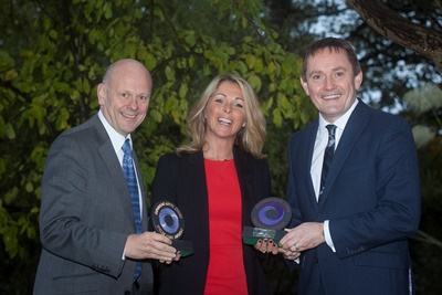 Wales Care Awards Pictured are Mario Kreft  Chief Executive of Care Forum, Award winner Helen Wynne and David Jones principal Coleg Cambria.