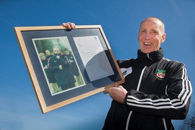 EAGLES MEADOW WFC POP UP MUSEUM. Joey Jones from WFC with some Wrexham Football Club Memorabilia.
