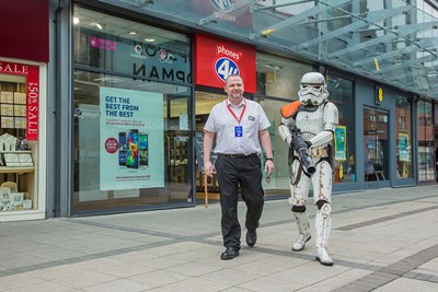 Star Wars stromtrooper with Andy Robertson, manager of Phones4u at Eagles Meadow.