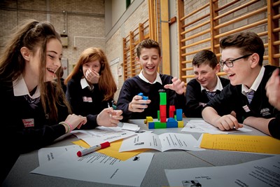 ANWYL BUILDING COMPETITION AT HAWARDEN HIGH SCHOOL. Pictured is Project Manager Alicia Westwood, Site Engineer Charlotte Millar, General Foreman  Kai Spence Quality Supervisor Ryan Hughes and Accountant Blake Lacey.