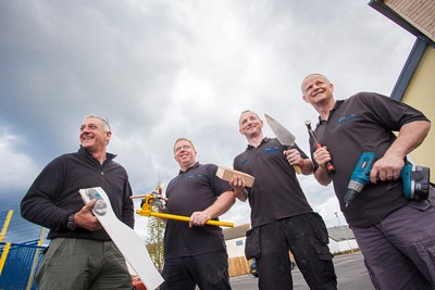 Cartrefi Conwy Construction taster session at the Construction taster session at the Ty Llywelyn Community Centre Llandudno. Pictured is Plasterer Daryl Brackenbury, Plumber Mike Millership, Brick layer Paul Kenyon and Joiner Mark Lloyd from Llandrillo college .