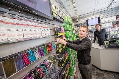 Making sure the displays are looking good at the Phonebooth shop at the Pride Hill shopping centre in Shrewsbury are Leigh Swann and Ben Dyer.