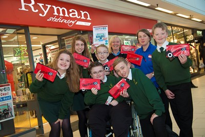 The Darwin Shopping centre Shrewsbury, Ryman pencil case competition winners Year 8 pupils from The Priory school Lucy Hipkiss, Millie Bromwich, Tommie Davies, Ryan Ligus, Cameron Murphy and Charlie Hotchkiss with Ryman staff at Shrewsbury Kerri Potter and Gill Francis.